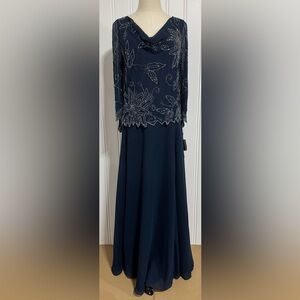 NWT J Kara Cowl Neck Navy Blue Gown with Silver bead accents Size 12